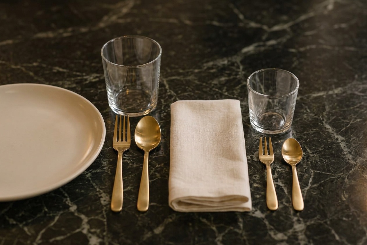 Stimmungsbild: leeres Gedeck mit normalem Glas und Besteck neben kleinerem Kinderglas und Besteck auf dunklem Marmor