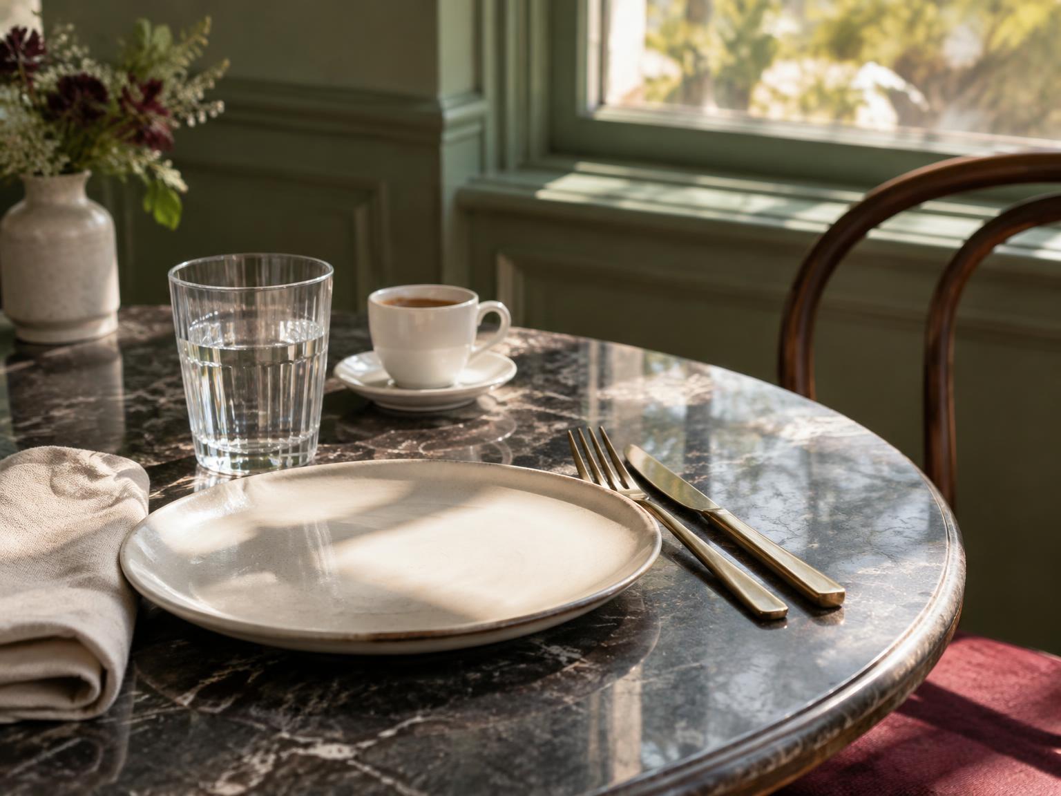 Stimmungsbild: gedeckter Bistrotisch am Fenster im Mittagslicht mit Wasserglas, Espressotasse und Leinenserviette