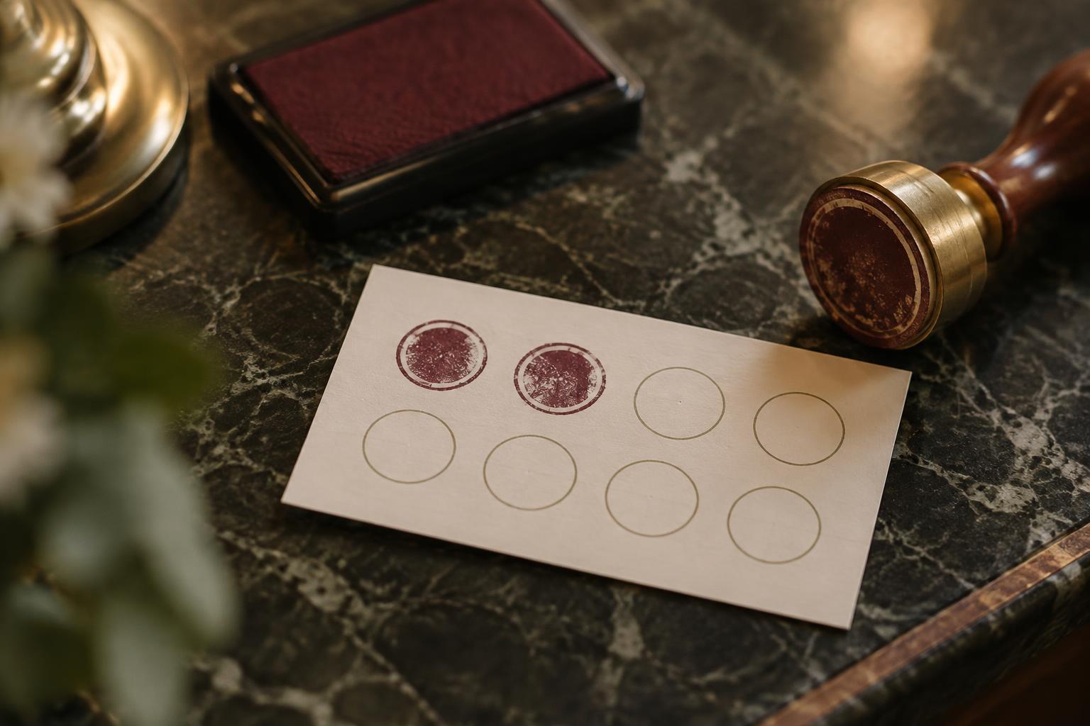 Stimmungsbild: Stempelkarte mit Stempelkissen und Messingstempel auf Marmortisch